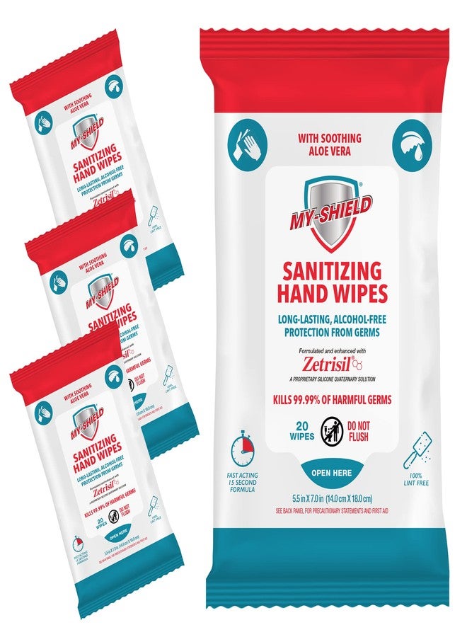 My-Shield Sanitizing Hand Wipes - Travel Pack - 20 Count (4-pack) Alcohol-Free, Long-lasting Protection. Kills 99.9% of Germs. Moisturizes With Aloe Vera. Formulated with Zetrisil. - Image 1