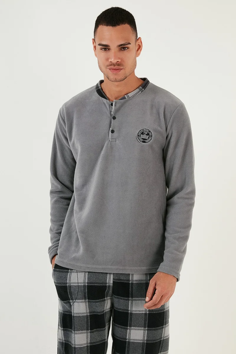 بوراتي Plaid Regular Fit Crew Neck Winter Polar Fleece Pajama Set Men's Pajama Set 609610013W4