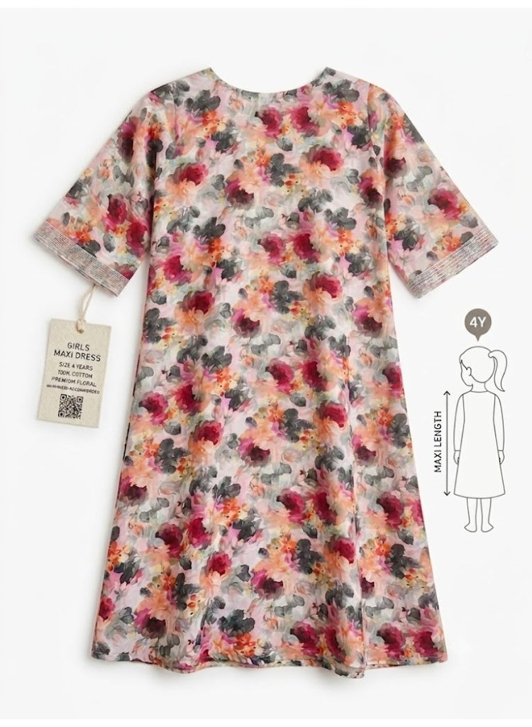 Zinora Girls Floral Jallabiya Mukhawar Kaftan Dress, Size 4 Years, Silk Blend - Image 2