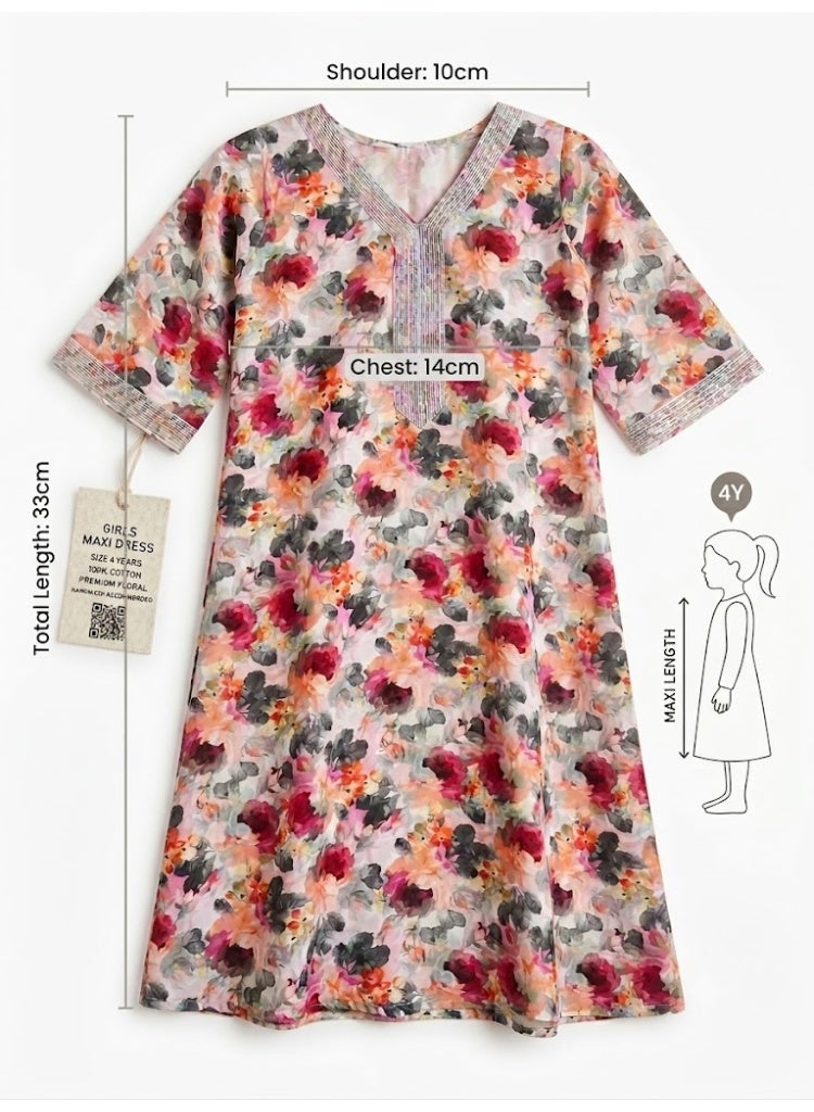 Zinora Girls Floral Jallabiya Mukhawar Kaftan Dress, Size 4 Years, Silk Blend - Image 3