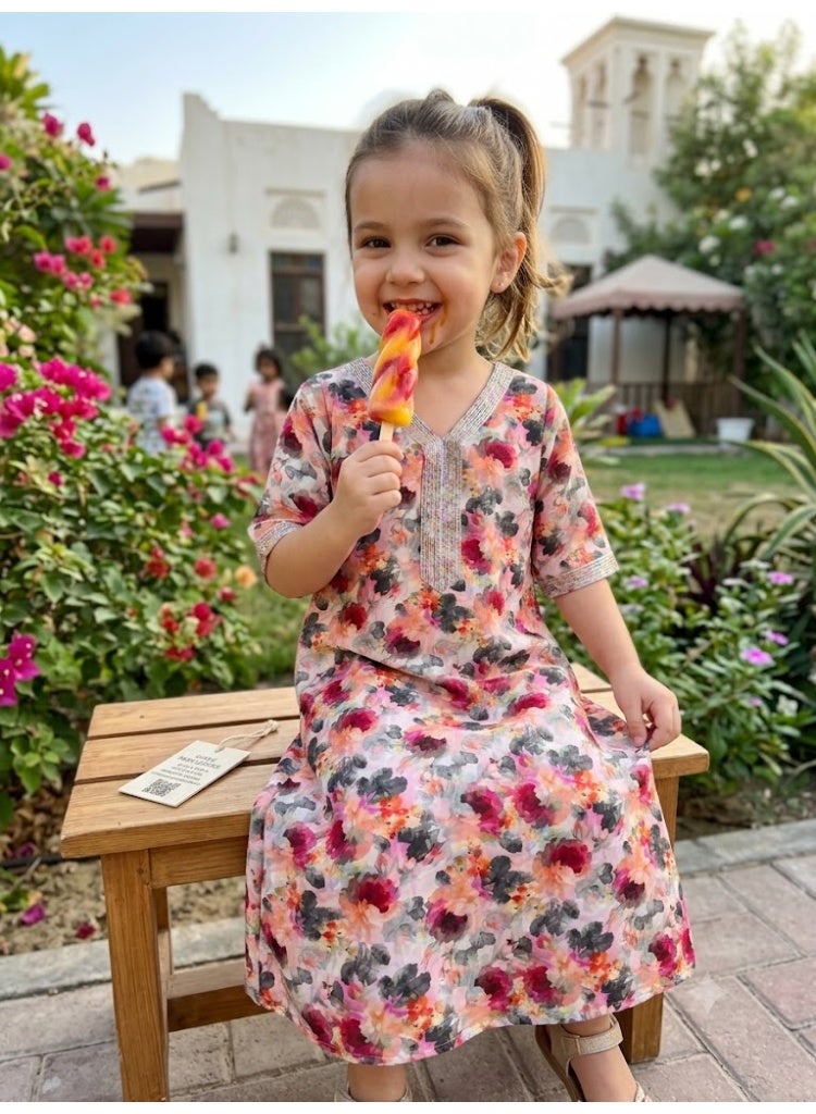 Zinora Girls Floral Jallabiya Mukhawar Kaftan Dress, Size 4 Years, Silk Blend - Image 1