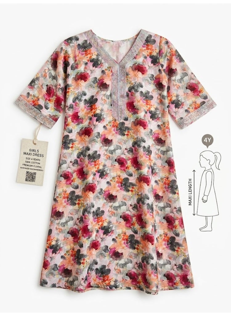 Zinora Girls Floral Jallabiya Mukhawar Kaftan Dress, Size 4 Years, Silk Blend - Image 4