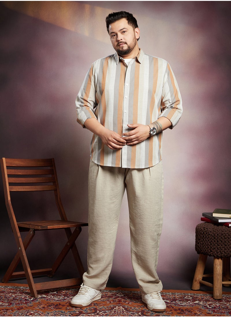 Instafab Plus Instafab Plus Men's Copper Brown & Peanut Brown Block-Striped Shirt For Casual Wear | Spread Collar | Long Cuffed Sleeves | Button Closure | Plus Size Shirt Crafted With Comfort Fit For Everyday Wear  - Image 5
