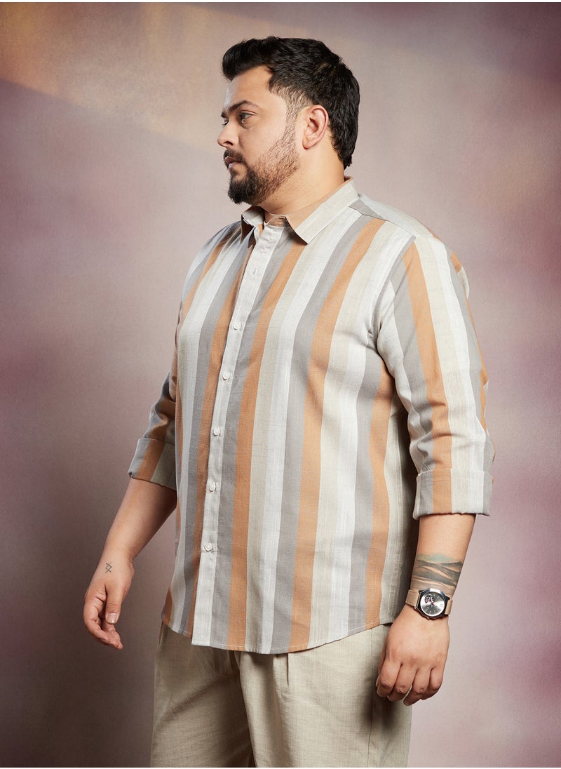 Instafab Plus Instafab Plus Men's Copper Brown & Peanut Brown Block-Striped Shirt For Casual Wear | Spread Collar | Long Cuffed Sleeves | Button Closure | Plus Size Shirt Crafted With Comfort Fit For Everyday Wear  - Image 3