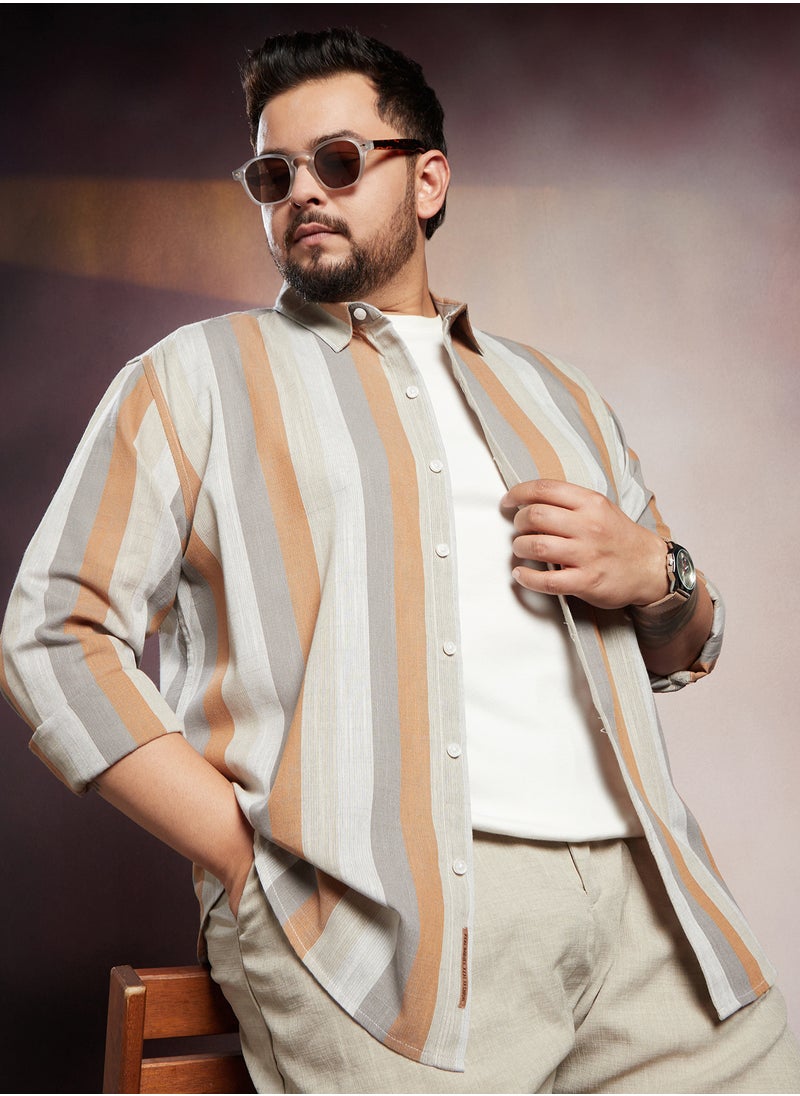 Instafab Plus Instafab Plus Men's Copper Brown & Peanut Brown Block-Striped Shirt For Casual Wear | Spread Collar | Long Cuffed Sleeves | Button Closure | Plus Size Shirt Crafted With Comfort Fit For Everyday Wear  - Image 1