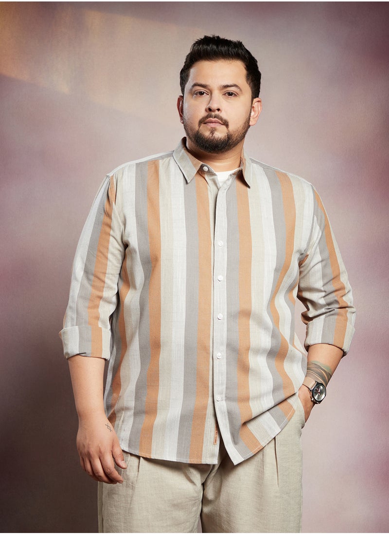 Instafab Plus Instafab Plus Men's Copper Brown & Peanut Brown Block-Striped Shirt For Casual Wear | Spread Collar | Long Cuffed Sleeves | Button Closure | Plus Size Shirt Crafted With Comfort Fit For Everyday Wear  - Image 2