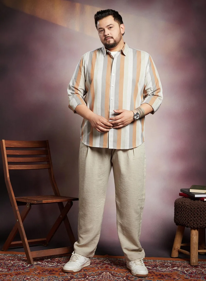 Instafab Plus Instafab Plus Men's Copper Brown & Peanut Brown Block-Striped Shirt For Casual Wear | Spread Collar | Long Cuffed Sleeves | Button Closure | Plus Size Shirt Crafted With Comfort Fit For Everyday Wear