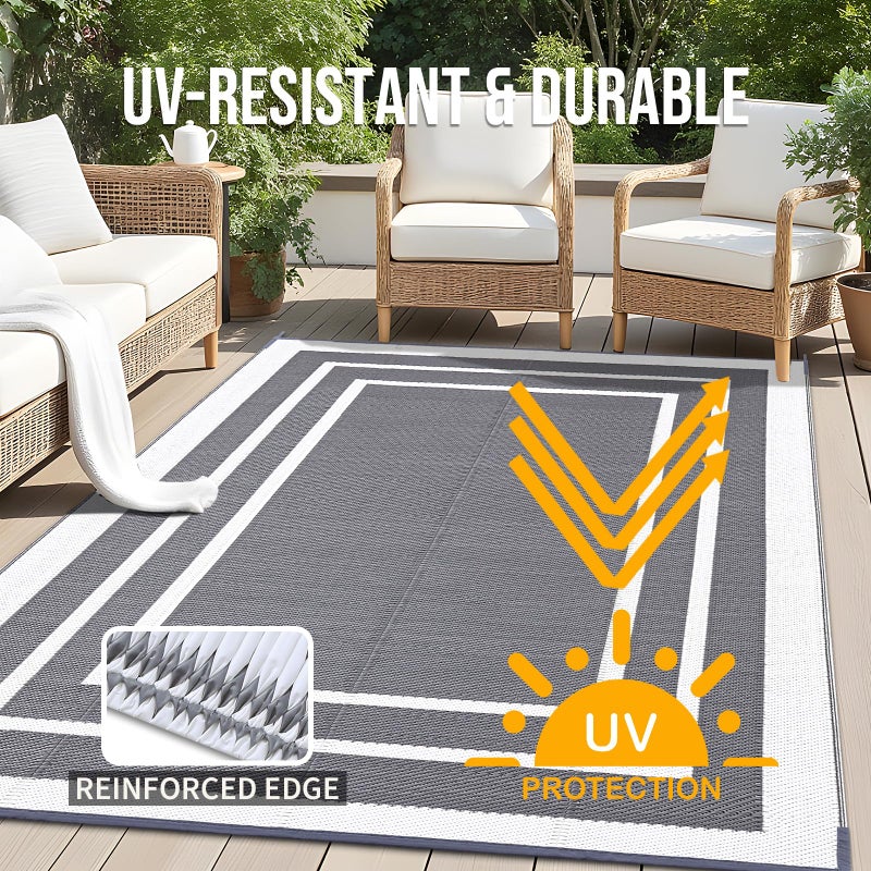 OLANLY Outdoor Rug 6x9 ft Waterproof, Reversible Outdoor Plastic Straw Rug, RV Mat, Indoor Outdoor Carpet Clearance for Patio, Camping, Balcony, Deck, Backyard, Grey & White - Image 4