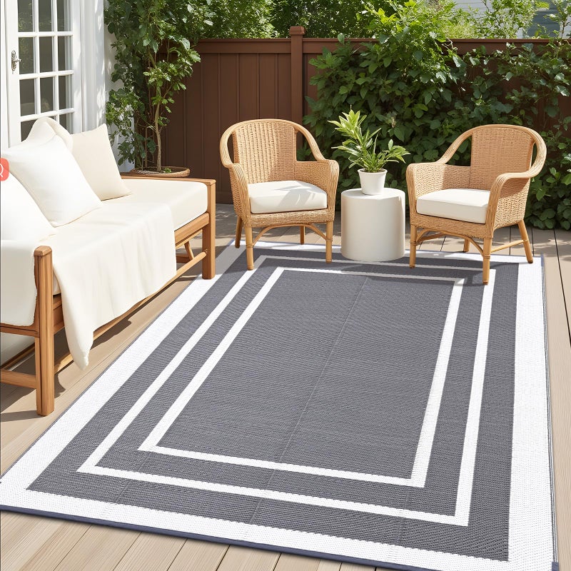 OLANLY Outdoor Rug 6x9 ft Waterproof, Reversible Outdoor Plastic Straw Rug, RV Mat, Indoor Outdoor Carpet Clearance for Patio, Camping, Balcony, Deck, Backyard, Grey & White - Image 1