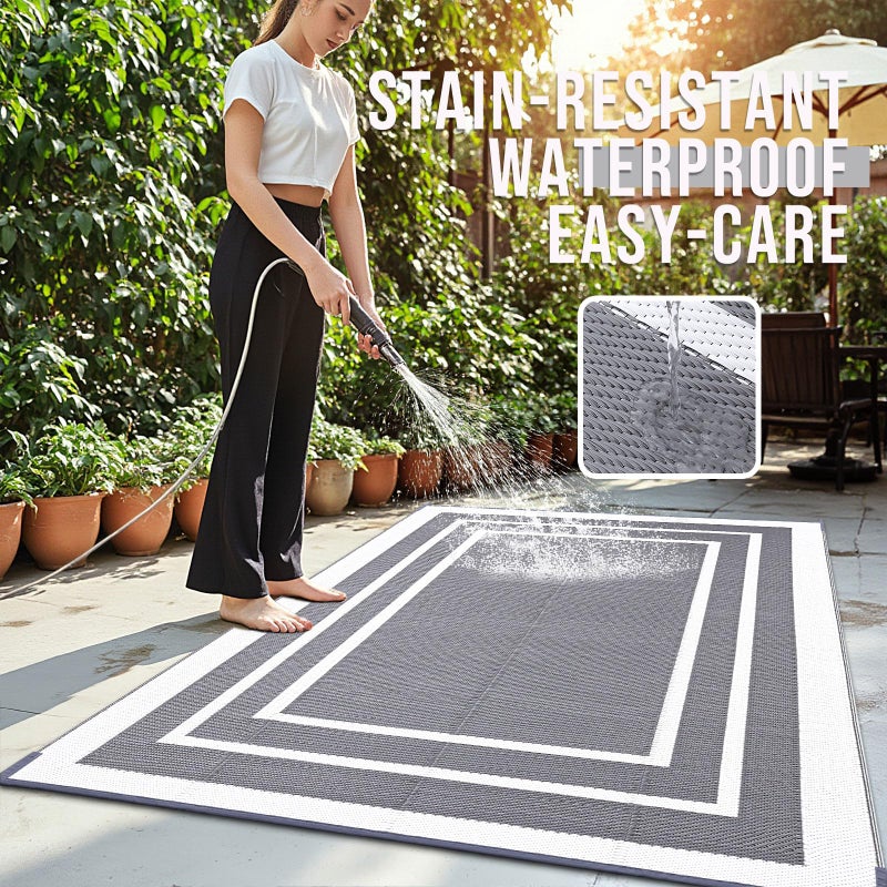 OLANLY Outdoor Rug 6x9 ft Waterproof, Reversible Outdoor Plastic Straw Rug, RV Mat, Indoor Outdoor Carpet Clearance for Patio, Camping, Balcony, Deck, Backyard, Grey & White - Image 3