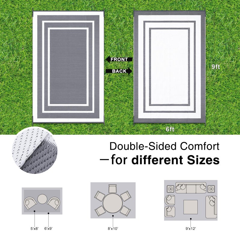 OLANLY Outdoor Rug 6x9 ft Waterproof, Reversible Outdoor Plastic Straw Rug, RV Mat, Indoor Outdoor Carpet Clearance for Patio, Camping, Balcony, Deck, Backyard, Grey & White - Image 2