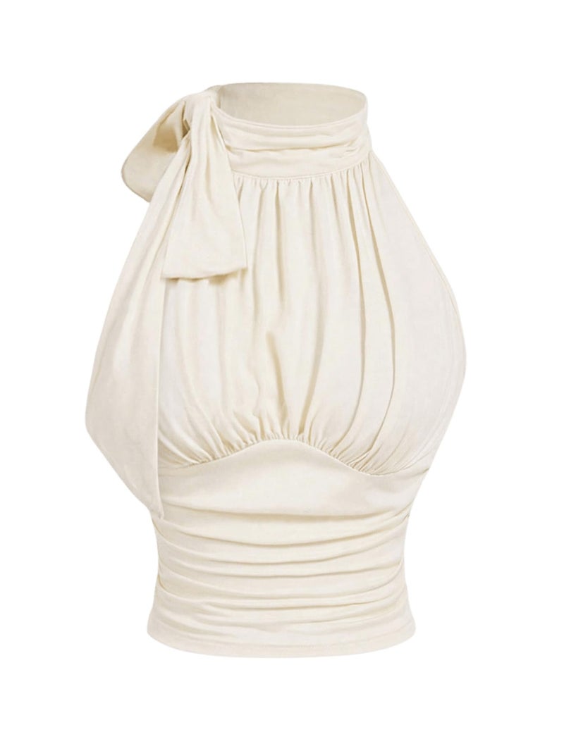 OYOANGLE Women's Tie Neck Tank Tops Sleeveless Mock Neck Slim Fit Ruched Elegant Work Party Blouses Apricot Large - Image 1