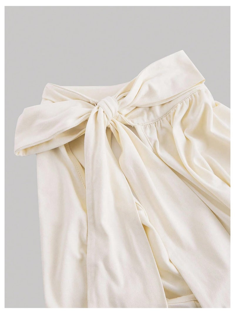 OYOANGLE Women's Tie Neck Tank Tops Sleeveless Mock Neck Slim Fit Ruched Elegant Work Party Blouses Apricot Large - Image 3