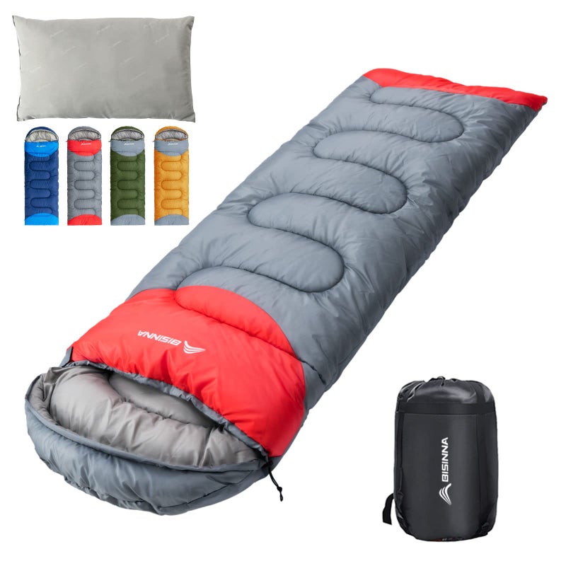 BISINNA Sleeping Bag with Pillow - 4 Season Lightweight Waterproof Warm Sleeping Bag with a compression sack for Adults, Women, Men's Outdoors Camping, Hiking, Backpacking (4 Season/Grey/Right) - Image 1