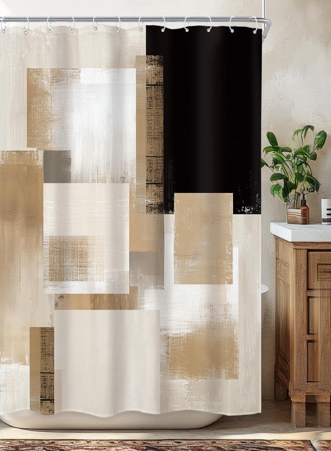 Newsely Black Brown Abstract Geometry Shower Curtain 72Wx72L Inch Modern Tan Geometric Minimalist Simple Contemporory Geometric Bathroom Set Beige Waterproof Bath Decoration Accessories Home Decor - Image 1