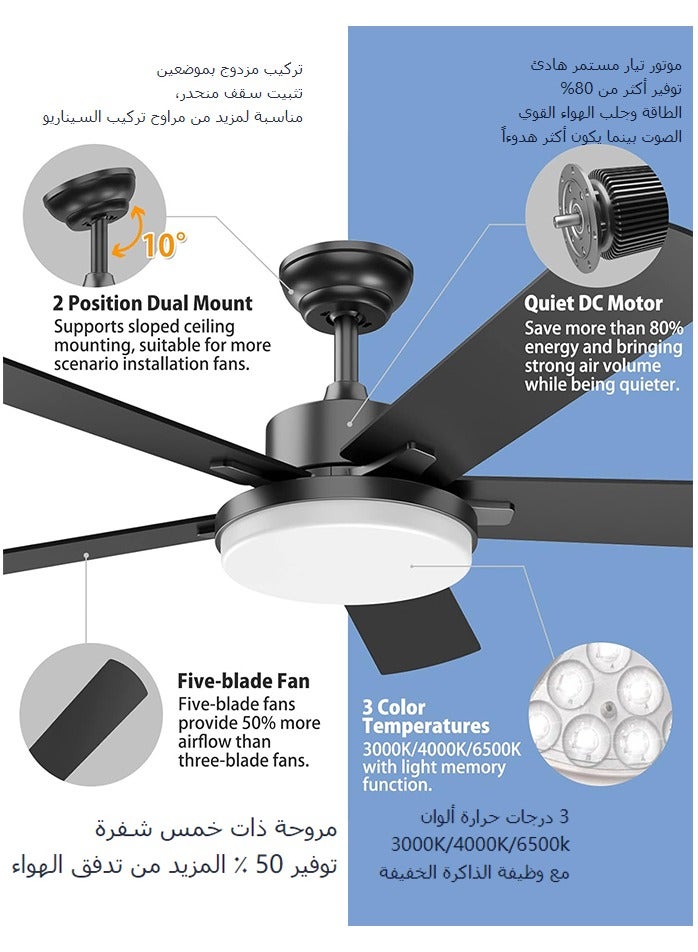 Ceiling Fans With Lights Black Ceiling Fan with Light and Remote Control Quiet 5 Blades Modern Ceiling Fan for Living Room Bedroom Warehouse