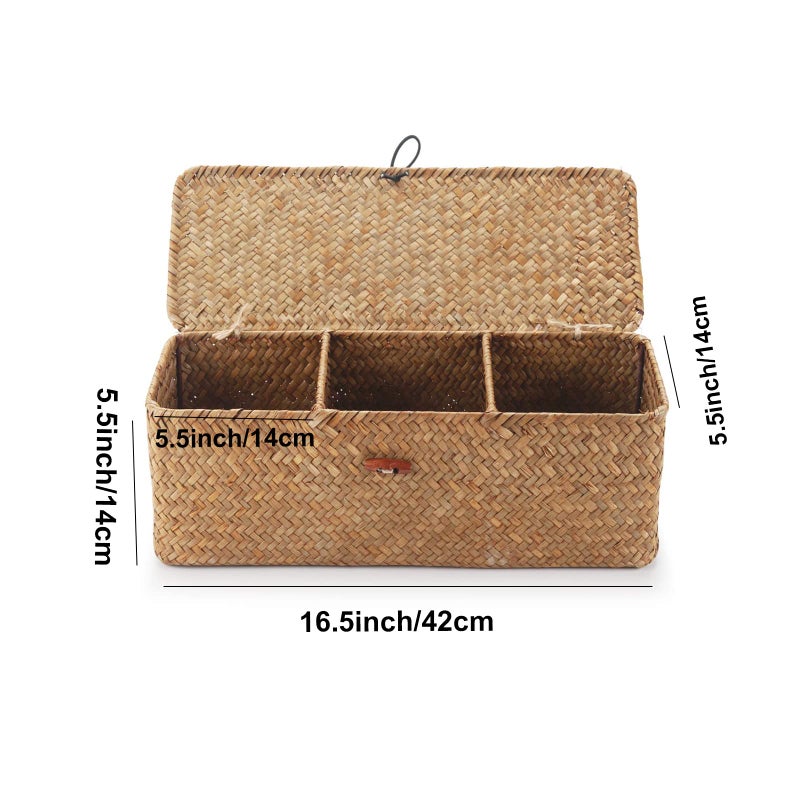 DECRAFTS Seagrass Tank Basket with Lid Woven Toilet Roll Storage Basket with Sections Rectangular for Organize Snack Toys Tampon (Large Compartment 16.5inch L x 5.5inch W x 5.5inch H) Natural - Image 4