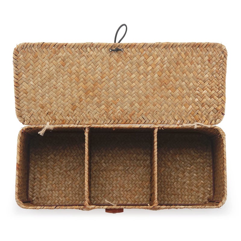 DECRAFTS Seagrass Tank Basket with Lid Woven Toilet Roll Storage Basket with Sections Rectangular for Organize Snack Toys Tampon (Large Compartment 16.5inch L x 5.5inch W x 5.5inch H) Natural - Image 2