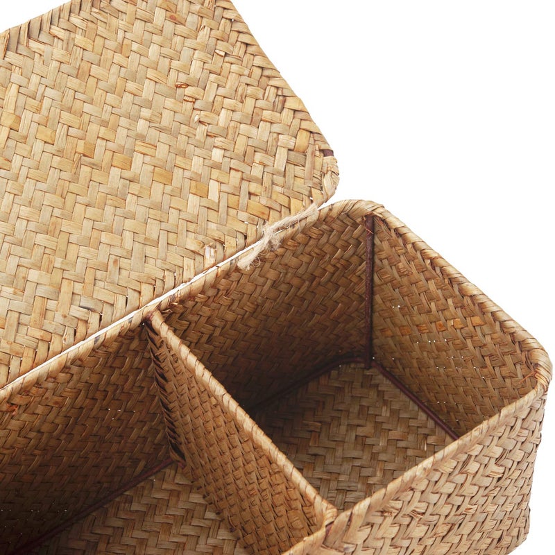 DECRAFTS Seagrass Tank Basket with Lid Woven Toilet Roll Storage Basket with Sections Rectangular for Organize Snack Toys Tampon (Large Compartment 16.5inch L x 5.5inch W x 5.5inch H) Natural - Image 5