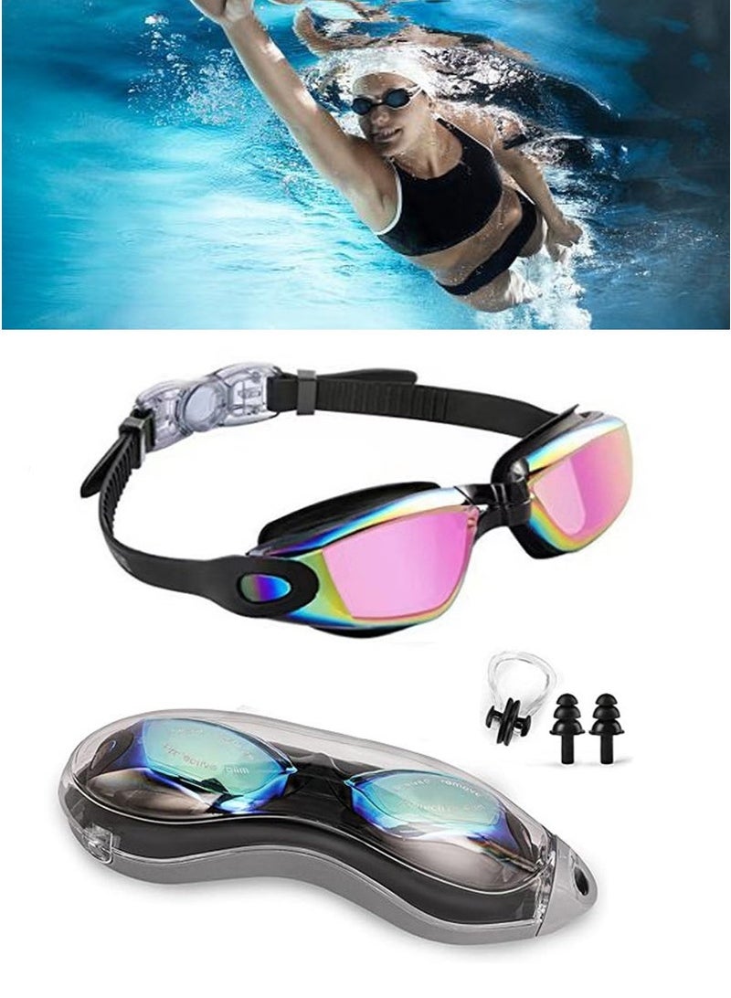 TAPIT Electroplated Silicone Swimming Goggles for Men, Adults & Teenagers with Nose Clip and Ear Plugs, Clear Vision 180° Panoramic View Polarized Anti Fog Coating UV Protection Leak-proof Swimming Eyewear (Pink) - Image 1