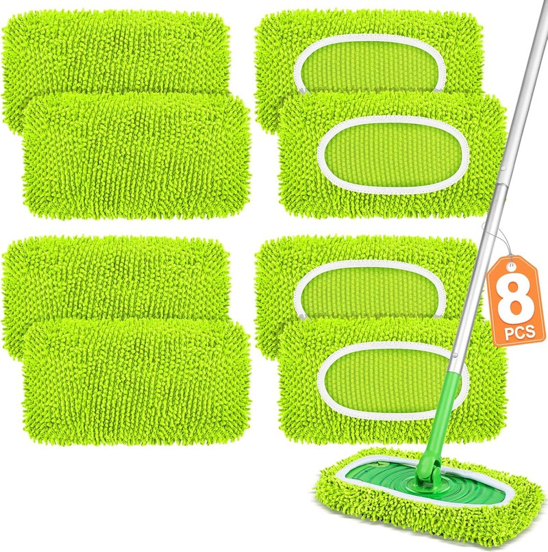 YHOVID 8 قطع من وسادات الممسحة القابلة لإعادة الاستخدام المتوافقة مع منظف Swiffer، أقمشة الكنس الجافة وأقمشة المسح الرطبة - وسادات ممسحة من الألياف الدقيقة للأرضيات الخشبية، تنظيف الأرضيات، الأرضيات الخشبية (أخضر فسفوري) - Image 1