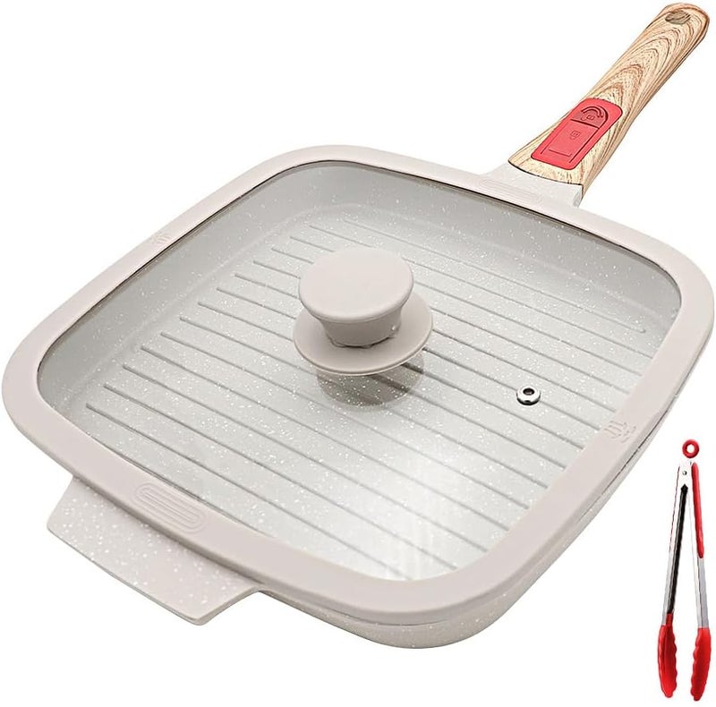 RANX INGST Griddle Pan with Lid, 26 x 24 cm Cast Aluminium Non Stick Steak Pan with Detachable Handle for Induction Hob, White - Image 1