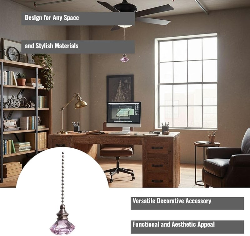 Pink Crystal Fan Pull Pendant with Metal Bead Chain 50 cm for Indoor Outdoor Ceiling Fan - Image 3