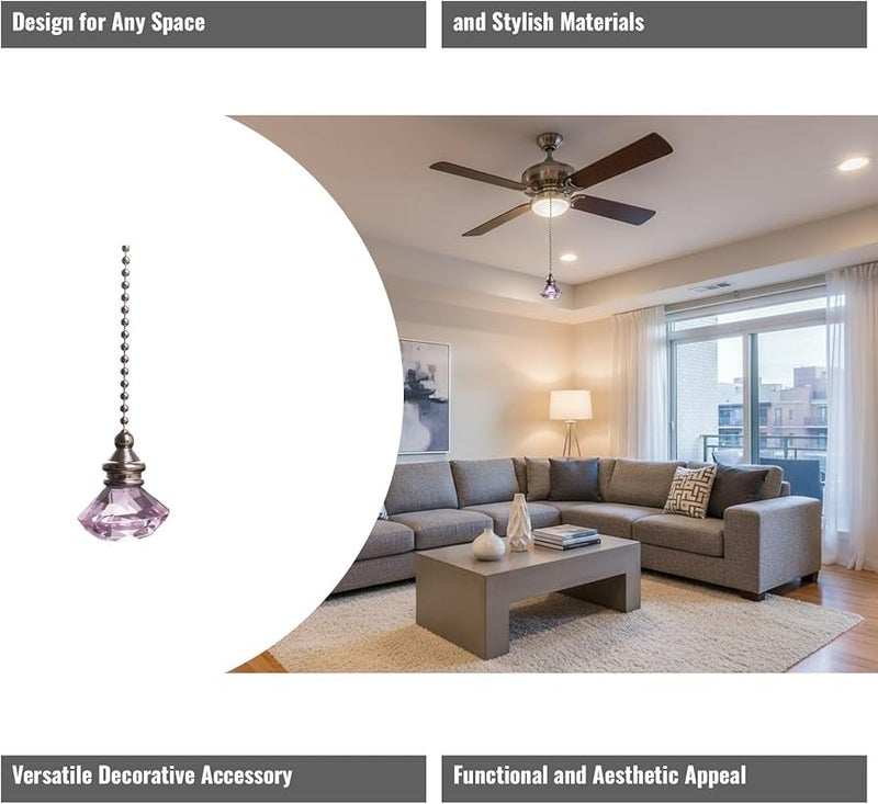 Pink Crystal Fan Pull Pendant with Metal Bead Chain 50 cm for Indoor Outdoor Ceiling Fan - Image 4