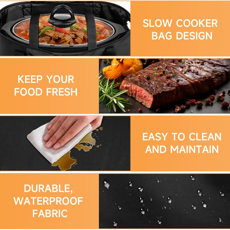 LASUK Double-Layer Slow Cooker Travel Bag Compatible with 6, 7, 8 Quart Crock-Pot, Insulated Travel Carrier with Easy to Clean Lining, Black - Image 5