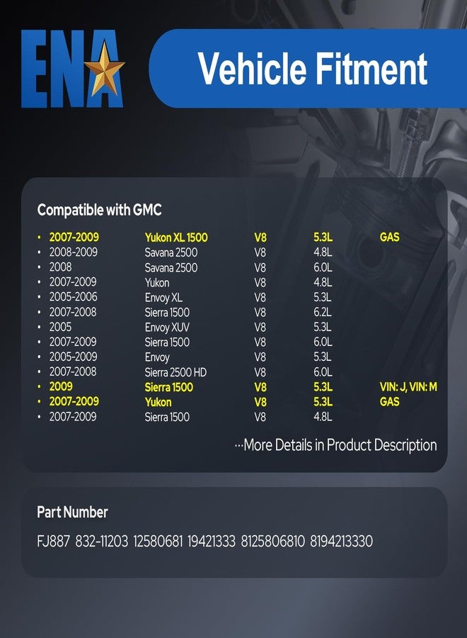 إي أن أه مجموعة ENA من 8 حاقنات وقود متوافقة مع سيارات بويك، كاديلاك، شيفروليه، جي إم سي، هامر، ساب، رينيير، إسكاليد، سيلفرادو، سابربان، تريل بليزر، كانيون، سييرا، يوكون، H3T 9-7x V8 6.0L موديلات 2005-2009، بديل لـ FJ887 - Image 3