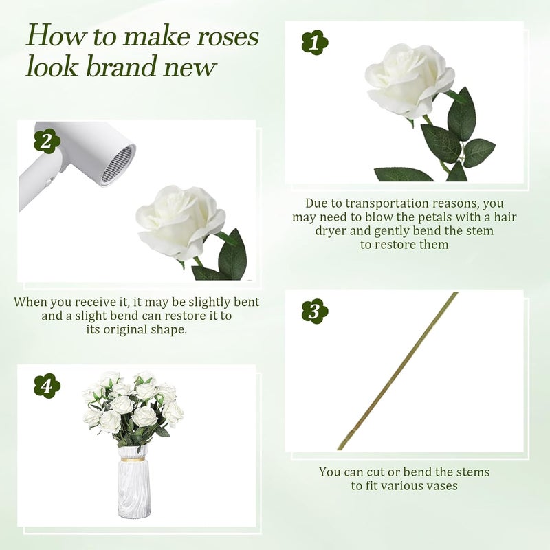 PacuM Artificial Roses, Pack of 12, Artificial Flowers, Silk Flowers, Roses 51 x 7 cm, Artificial Flowers, Realistic Single Stem Flowers for Wedding Party, Valentine's Day, Home Decoration (White) - Image 3