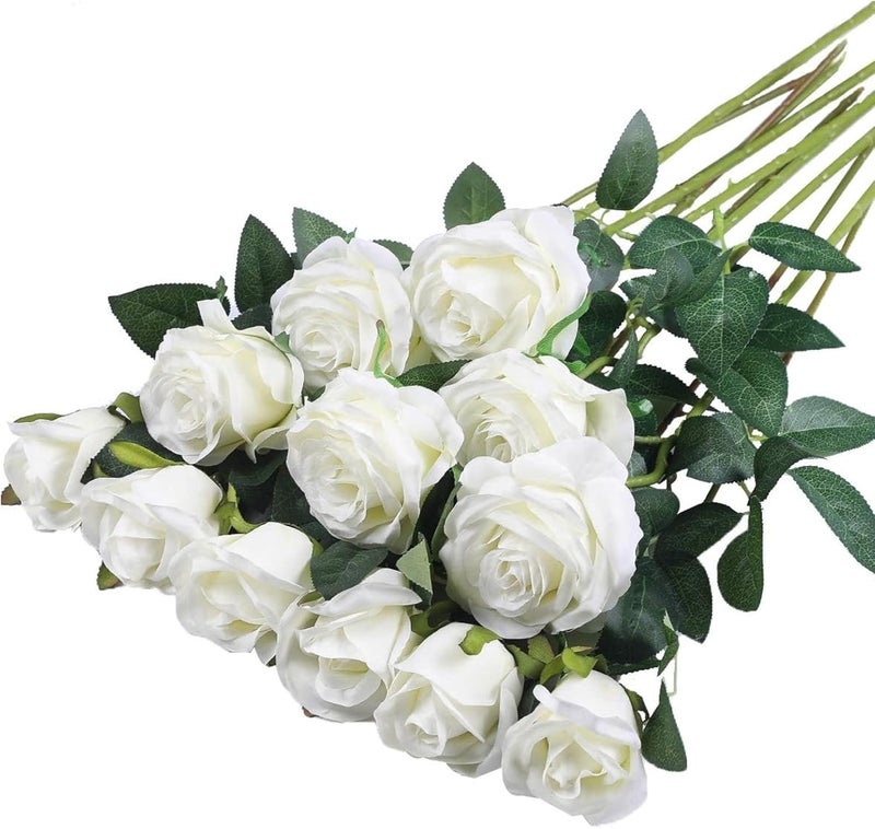PacuM Artificial Roses, Pack of 12, Artificial Flowers, Silk Flowers, Roses 51 x 7 cm, Artificial Flowers, Realistic Single Stem Flowers for Wedding Party, Valentine's Day, Home Decoration (White) - Image 1