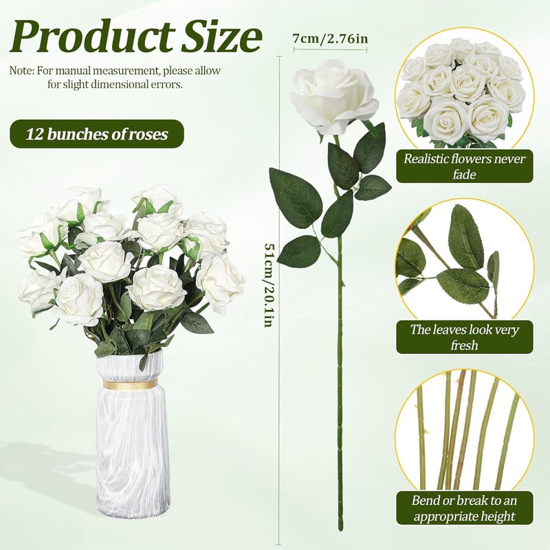 PacuM Artificial Roses, Pack of 12, Artificial Flowers, Silk Flowers, Roses 51 x 7 cm, Artificial Flowers, Realistic Single Stem Flowers for Wedding Party, Valentine's Day, Home Decoration (White) - Image 2