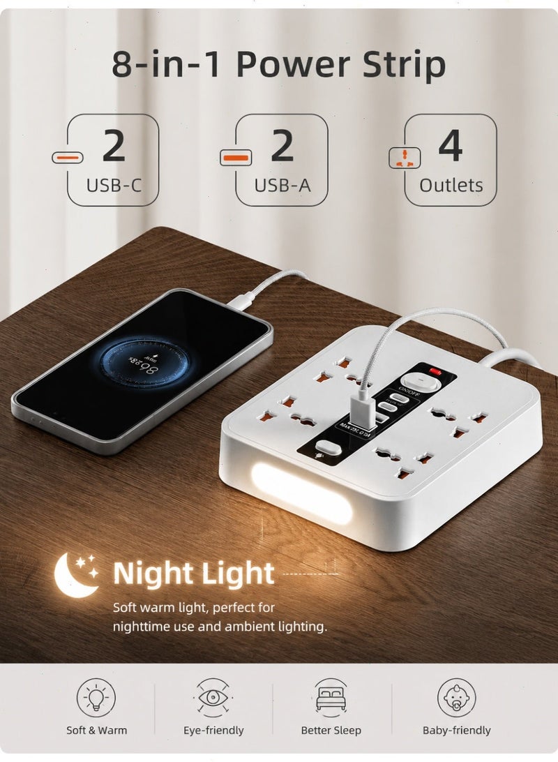 2/10 Meter Universal Socket, USB Charging Socket, Night light function, White Extension Plug, Power Plug, Power Adapter, Power Connector - Image 1