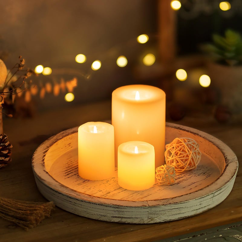Romadedi Rustic Wooden Tray Candle Holder - Round Wood Decorative Pillar Candle Tray for Coffee Table Farmhouse Kitchen Countertop Organizer Home Decor Wedding Centerpiece, Distressed White - Image 2