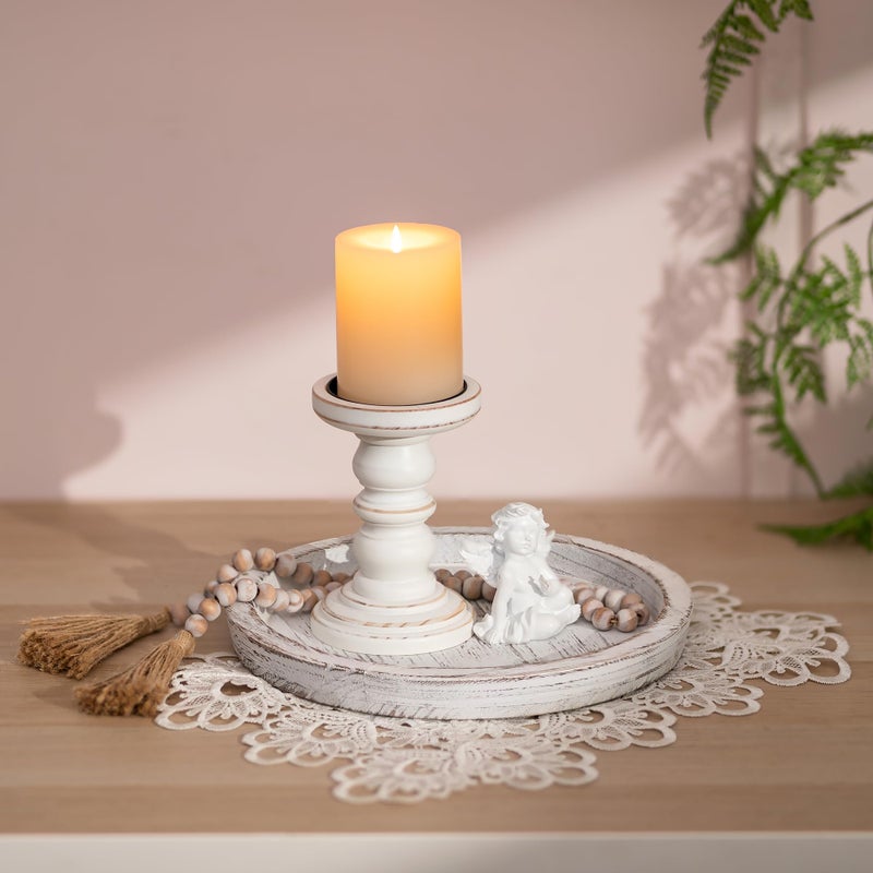 Romadedi Rustic Wooden Tray Candle Holder - Round Wood Decorative Pillar Candle Tray for Coffee Table Farmhouse Kitchen Countertop Organizer Home Decor Wedding Centerpiece, Distressed White - Image 4