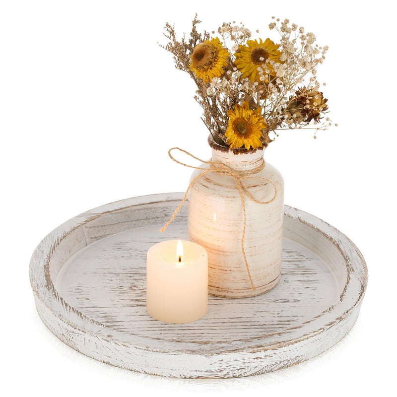 Romadedi Rustic Wooden Tray Candle Holder - Round Wood Decorative Pillar Candle Tray for Coffee Table Farmhouse Kitchen Countertop Organizer Home Decor Wedding Centerpiece, Distressed White - Image 1