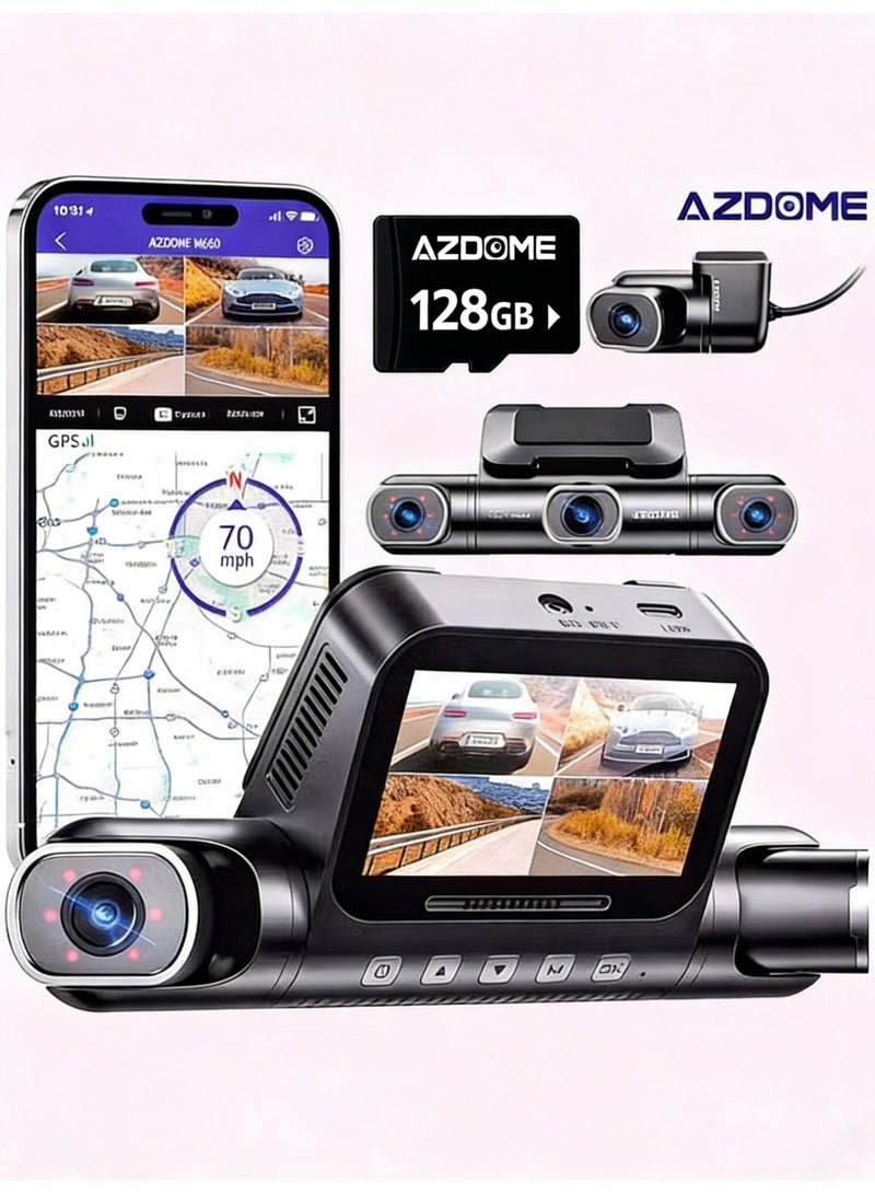 AZDOME 4 Channel 360° Dash Cam Inside with 128GB eMMC, 4K+2K+1K+1K Dashcam 5G WiFi  IR Night Vision, Voice Control, Parking Mode, Fatigue Driving Reminder - Image 1