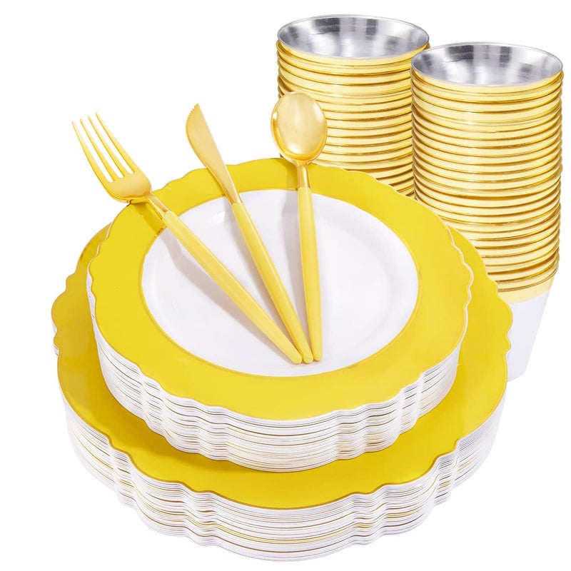WDF 150pieces Yellow Disposable Dinnerware Hignend Baroque Design  SturdyDurable Baroque Yellow SunshineGold Plastic Dinnerware for Upscale Wedding Parties