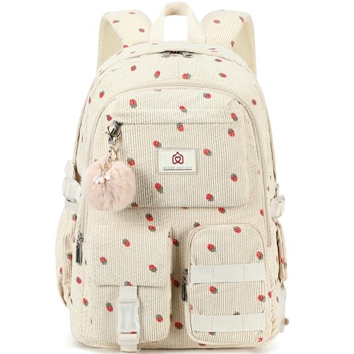 Hidds School Backpack for Teens Girls Women 15.6 Inch Laptop College Backpacks Corduroy Work Bag Kids Elementary Middle High Campus Bookbag Students Pack Travel Daypack Womens - Beige Strawberries - Image 1