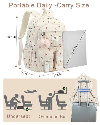 Hidds School Backpack for Teens Girls Women 15.6 Inch Laptop College Backpacks Corduroy Work Bag Kids Elementary Middle High Campus Bookbag Students Pack Travel Daypack Womens - Beige Strawberries - Image 5