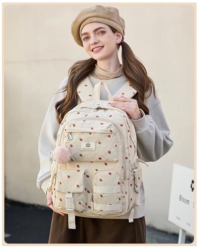 Hidds School Backpack for Teens Girls Women 15.6 Inch Laptop College Backpacks Corduroy Work Bag Kids Elementary Middle High Campus Bookbag Students Pack Travel Daypack Womens - Beige Strawberries - Image 2