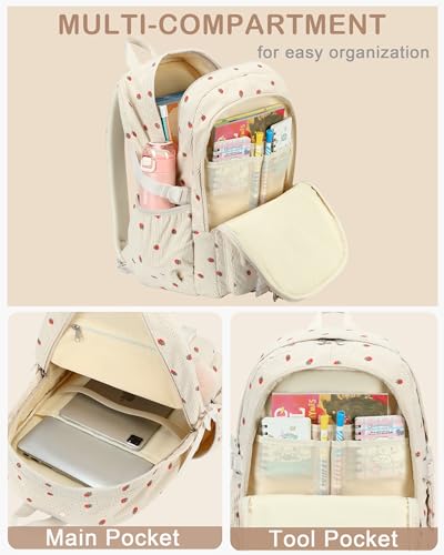 Hidds School Backpack for Teens Girls Women 15.6 Inch Laptop College Backpacks Corduroy Work Bag Kids Elementary Middle High Campus Bookbag Students Pack Travel Daypack Womens - Beige Strawberries - Image 3
