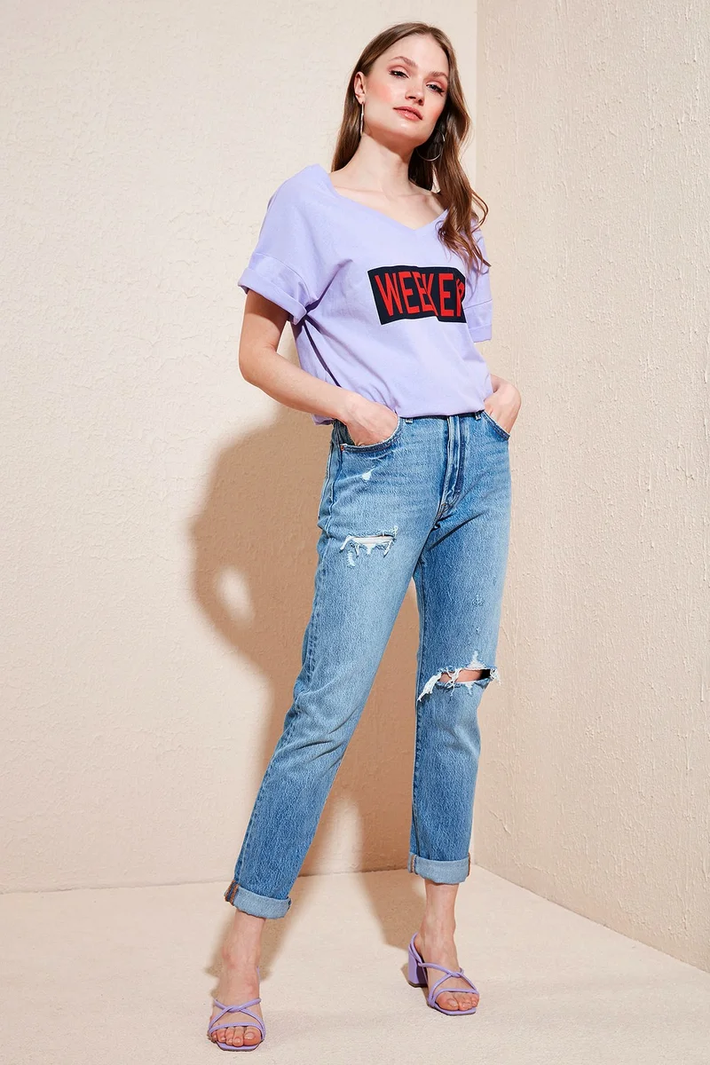ليلا 100% Cotton Printed V-Neck T Shirt Women's T Shirt 6010022