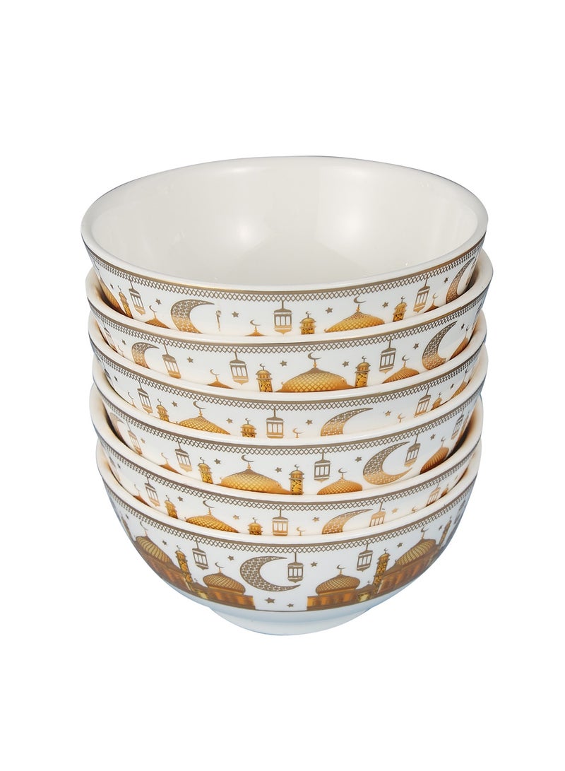 طقم 6 أطباق شوربة سيراميك بتصميم رمضان، للحبوب، الأرز، المعكرونة، السلطة، الشوفان، تصميم حواف سميكة غير قابلة للانزلاق مع تصاميم رمضان، لون ذهبي وأبيض H-7cm، W-11cm، L-11cm (صغير) | أصفر - Image 1