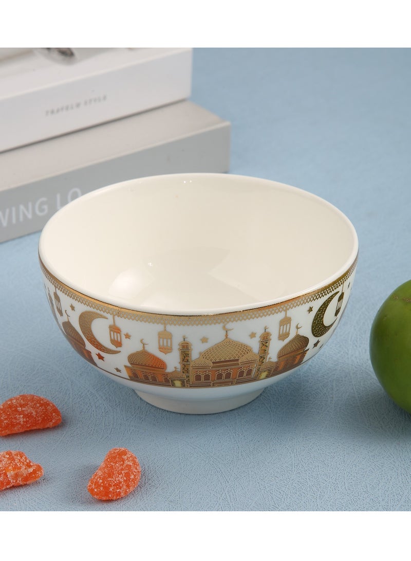 طقم 6 أطباق شوربة سيراميك بتصميم رمضان، للحبوب، الأرز، المعكرونة، السلطة، الشوفان، تصميم حواف سميكة غير قابلة للانزلاق مع تصاميم رمضان، لون ذهبي وأبيض H-7cm، W-11cm، L-11cm (صغير) | أصفر - Image 2