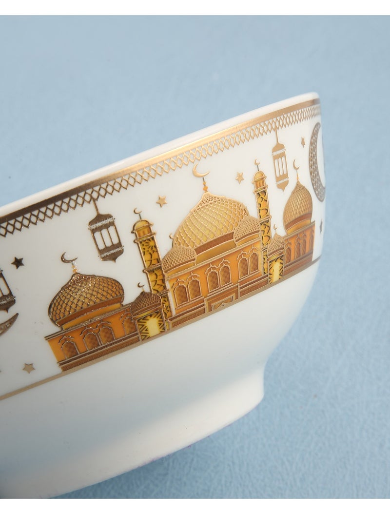 طقم 6 أطباق شوربة سيراميك بتصميم رمضان، للحبوب، الأرز، المعكرونة، السلطة، الشوفان، تصميم حواف سميكة غير قابلة للانزلاق مع تصاميم رمضان، لون ذهبي وأبيض H-7cm، W-11cm، L-11cm (صغير) | أصفر - Image 3