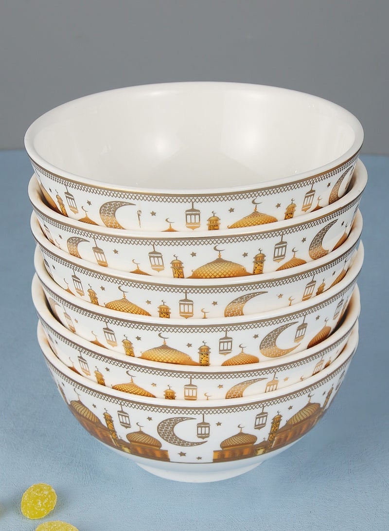 طقم 6 أطباق شوربة سيراميك بتصميم رمضان، للحبوب، الأرز، المعكرونة، السلطة، الشوفان، تصميم حواف سميكة غير قابلة للانزلاق مع تصاميم رمضان، لون ذهبي وأبيض H-7cm، W-11cm، L-11cm (صغير) | أصفر - Image 4