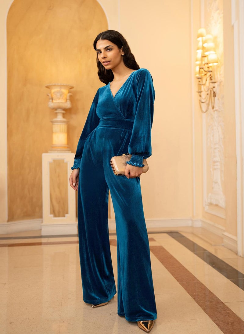 Yumi - Yumi Teal Velvet Long sleeve Jumpsuit - Image 1