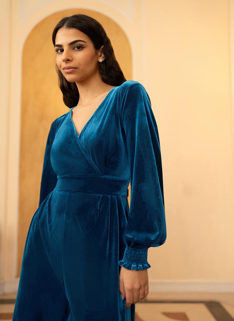 Yumi - Yumi Teal Velvet Long sleeve Jumpsuit - Image 1